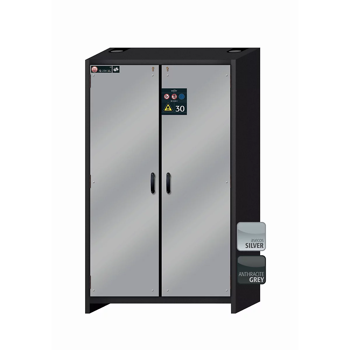 Sicherheitsschrank Typ 30 asecos Q-CLASSIC-30, Flügeltüren, Front asecos Silber, B 1164 x T 620 x H 1947 mm