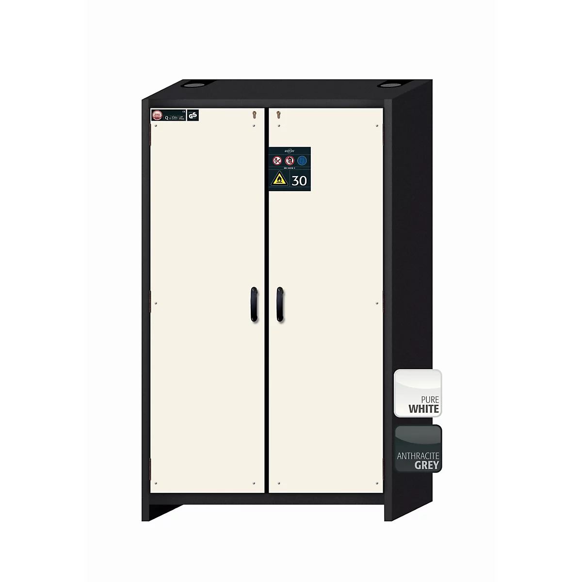 Sicherheitsschrank Typ 30 asecos Q-CLASSIC-30, Flügeltüren, Front Reinweiß, B 1164 x T 620 x H 1947 mm