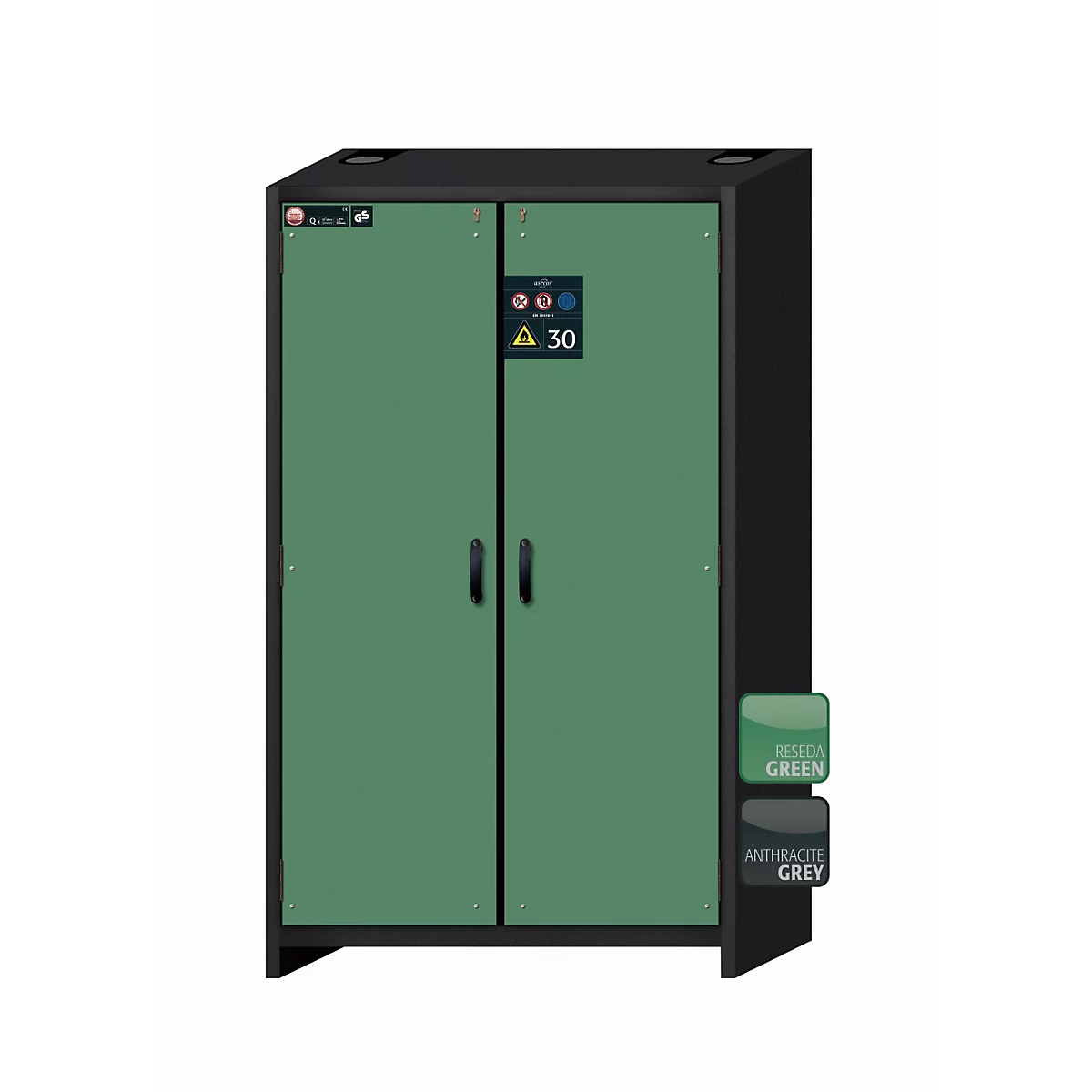 Sicherheitsschrank Typ 30 asecos Q-CLASSIC-30, Flügeltüren, Front Resedagrün, B 1164 x T 620 x H 1947 mm