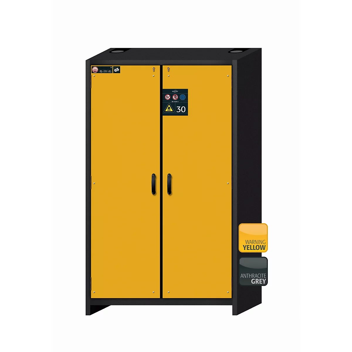 Sicherheitsschrank Typ 30 asecos Q-CLASSIC-30, Flügeltüren, Front Sicherheitsgelb, B 1164 x T 620 x H 1947 mm