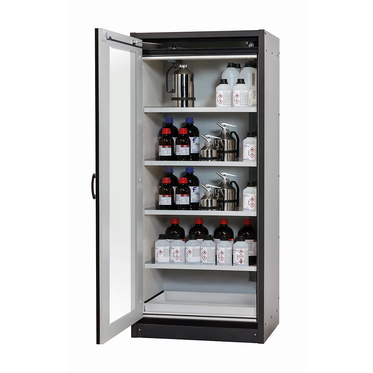 Sicherheitsschrank Typ 30 asecos Q-DISPLAY-30, Flügeltür mit Glasausschnitt, Anschlag links, Front Lichtgrau, B 864 x T 620 x H 1947 mm
