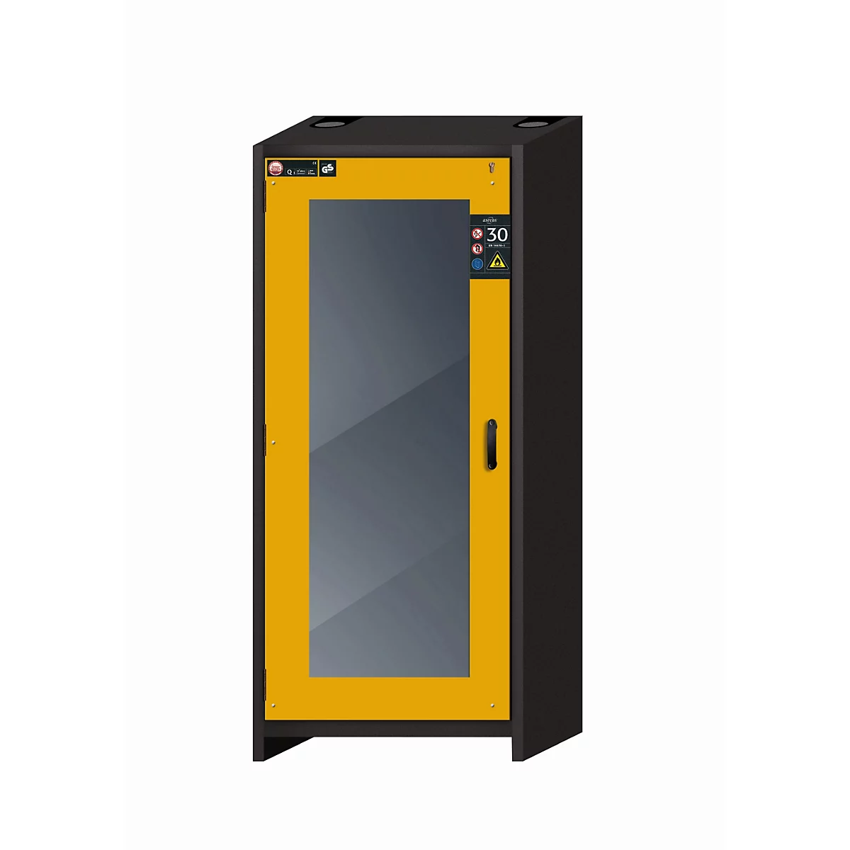 Sicherheitsschrank Typ 30 asecos Q-DISPLAY-30, Flügeltür mit Glasausschnitt, Anschlag links, Front Sicherheitsgelb, B 864 x T 620 x H 1947 mm