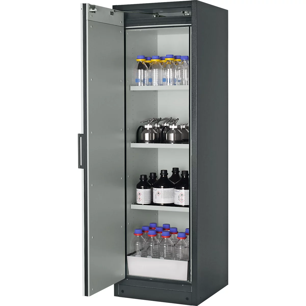 Sicherheitsschrank Typ 90 asecos, B 600 mm, Tür links, 3 Böden, reinweiß