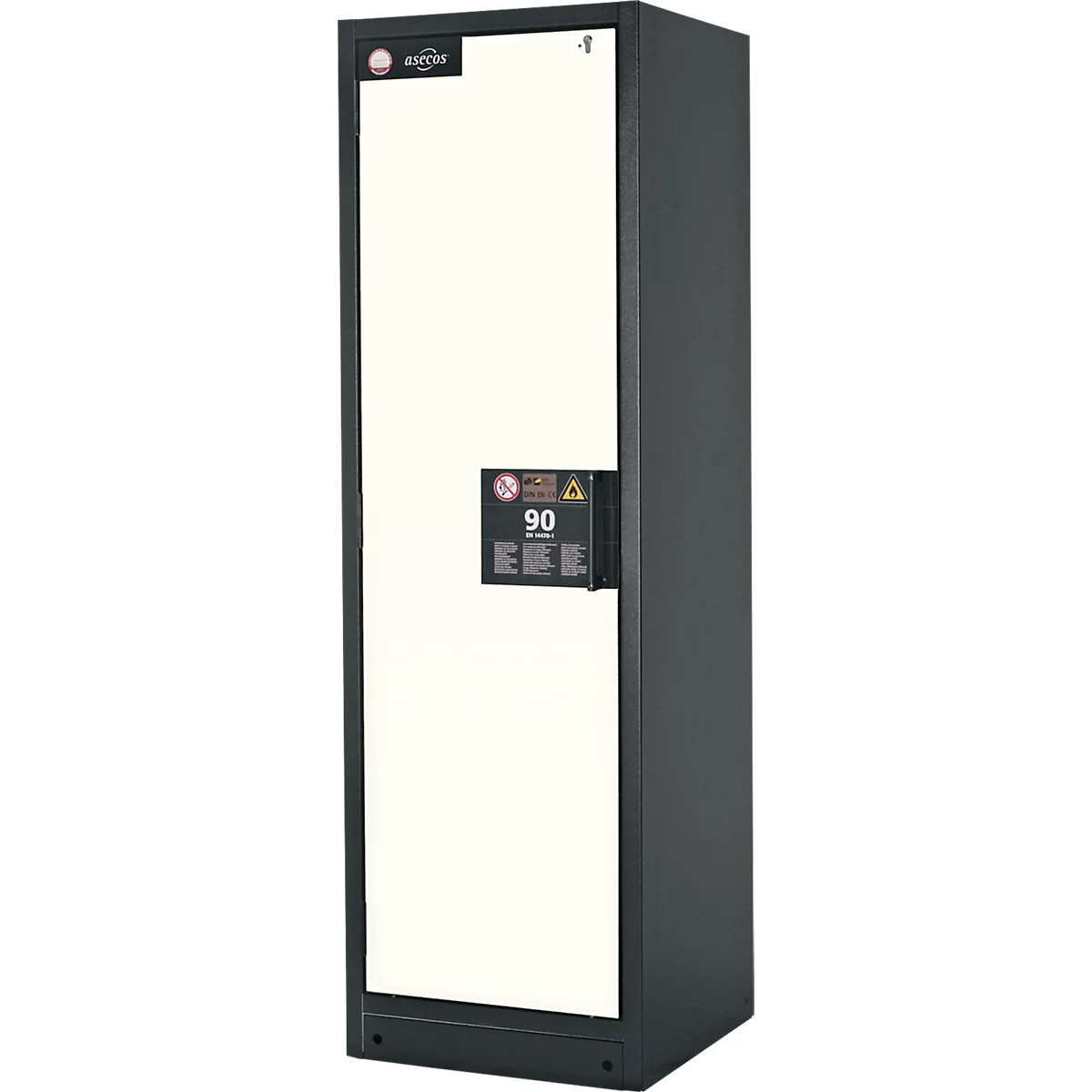 Sicherheitsschrank Typ 90 asecos, B 600 mm, Tür links, 3 Böden, reinweiß