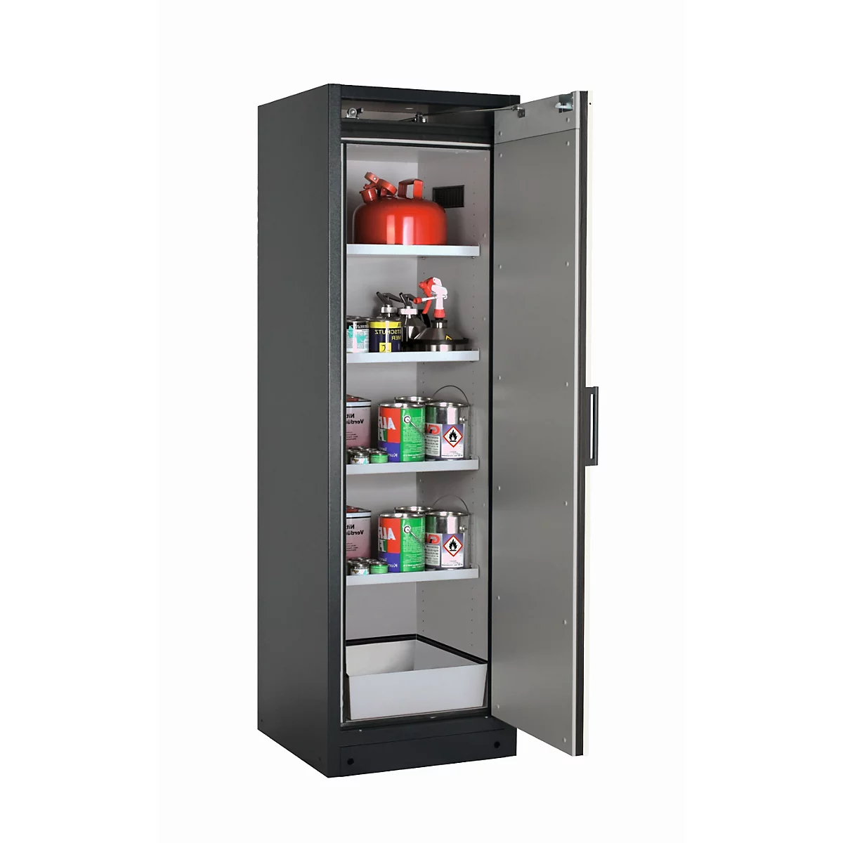 Sicherheitsschrank Typ 90 asecos Q-CLASSIC-90, Flügeltür, Anschlag rechts, Front asecos Silber, B 599 x T 615 x H 1953 mm