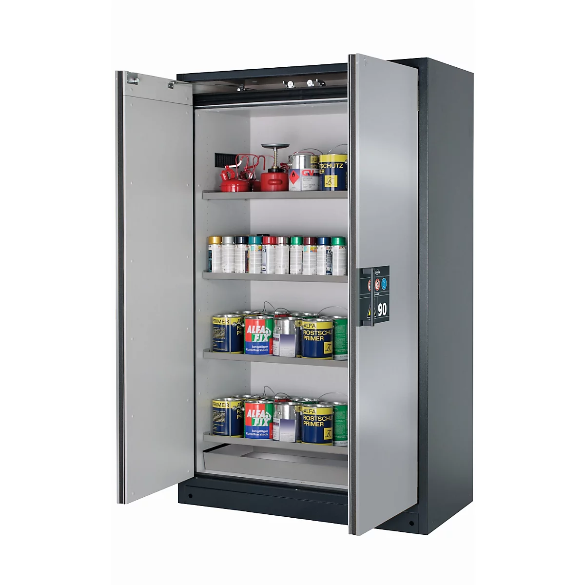 Sicherheitsschrank Typ 90 asecos Q-CLASSIC-90, Flügeltüren, Front asecos Silber, B 1193 x T 615 x H 1953 mm