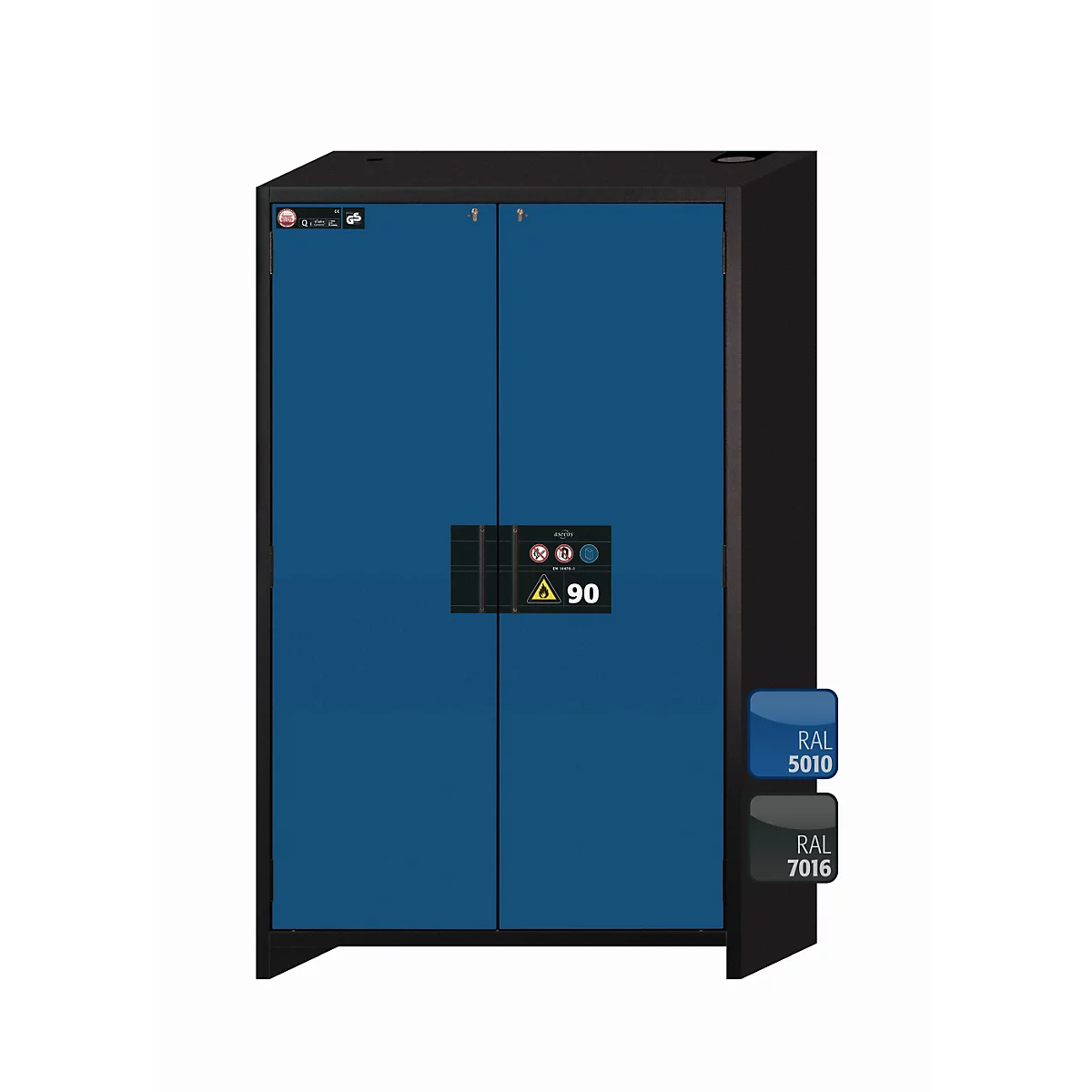 Sicherheitsschrank Typ 90 asecos Q-CLASSIC-90, Flügeltüren, Front Enzianblau, B 1193 x T 615 x H 1953 mm