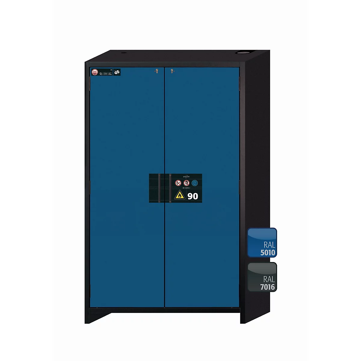 Sicherheitsschrank Typ 90 asecos Q-CLASSIC-90, Flügeltüren, Front Enzianblau, B 1193 x T 615 x H 1953 mm