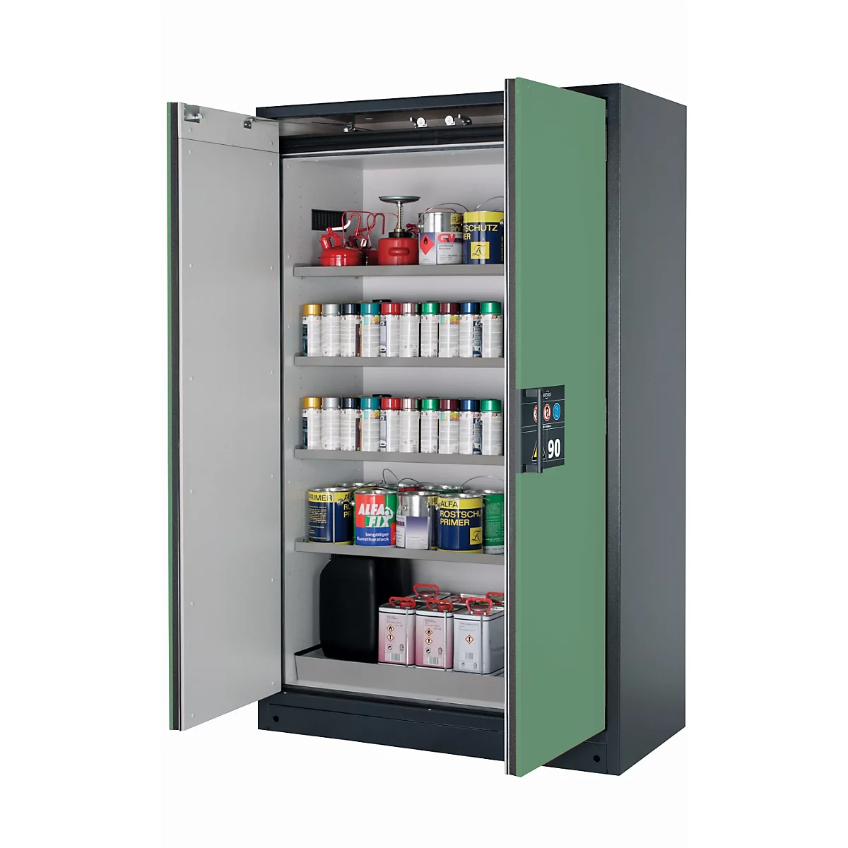Sicherheitsschrank Typ 90 asecos Q-CLASSIC-90, Flügeltüren, Front Resedagrün, B 1193 x T 615 x H 1953 mm