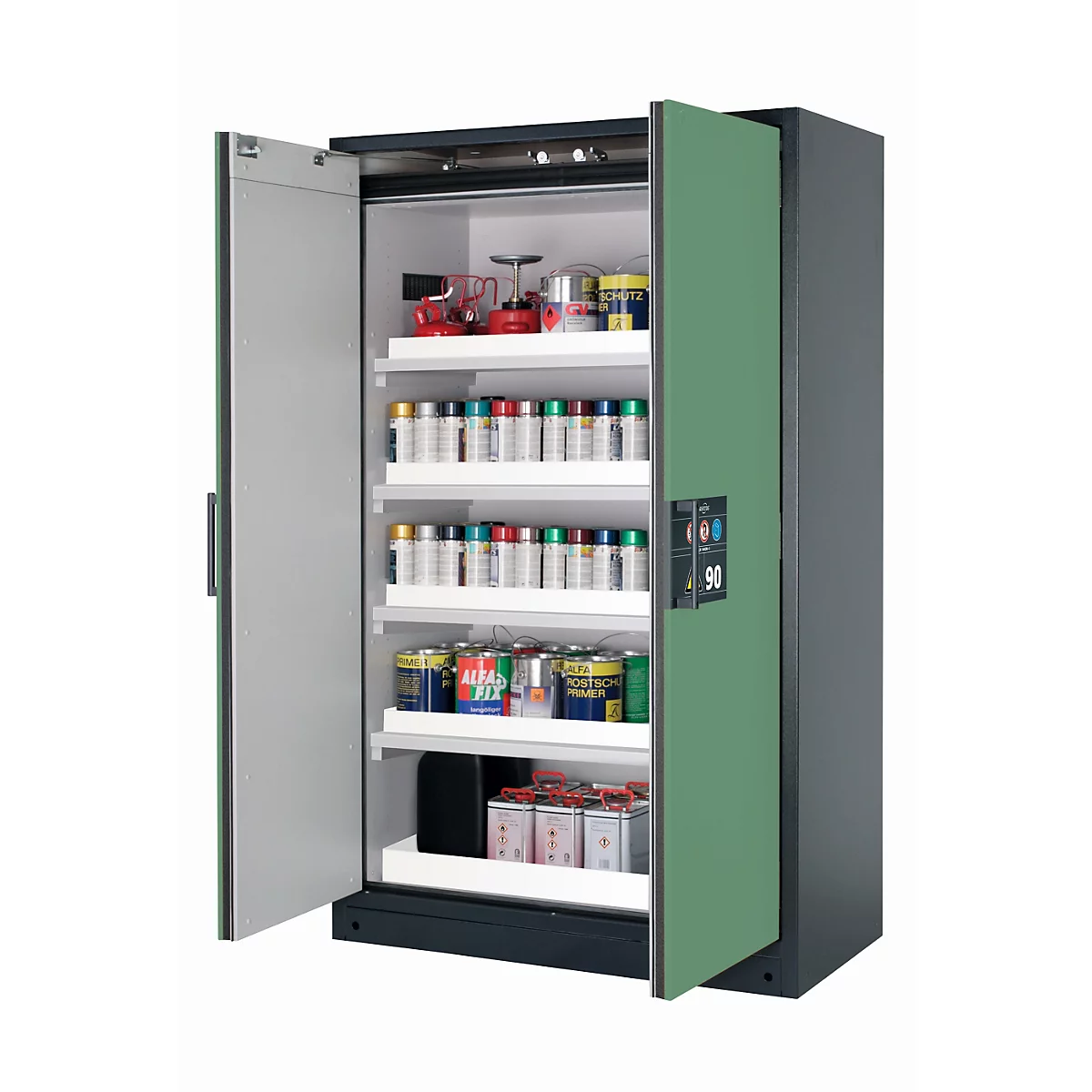 Sicherheitsschrank Typ 90 asecos Q-CLASSIC-90, Flügeltüren, Front Resedagrün, B 1193 x T 615 x H 1953 mm