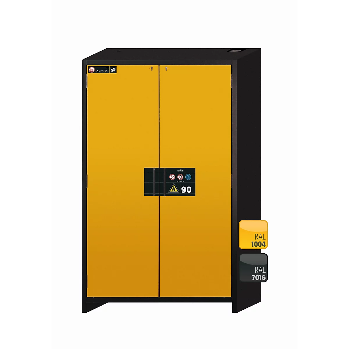 Sicherheitsschrank Typ 90 asecos Q-CLASSIC-90, Flügeltüren, Front Sicherheitsgelb, B 1193 x T 615 x H 1953 mm