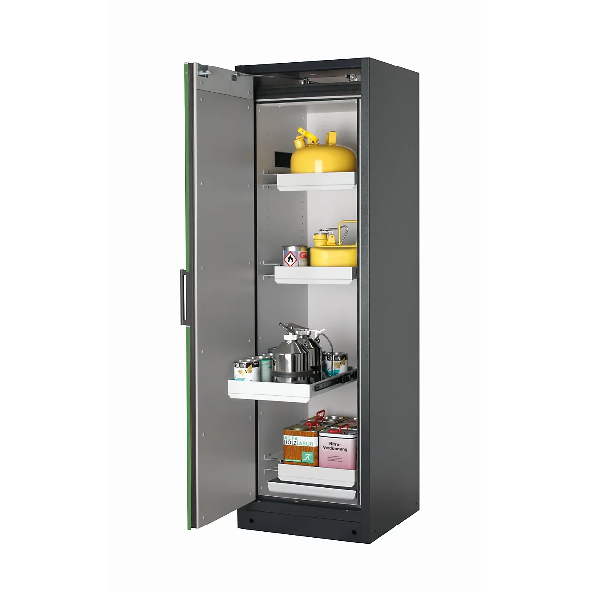 Sicherheitsschrank Typ 90 asecos Q-PEGASUS-90, Flügeltür mit Schliess-Automatik, Anschlag links, Front Resedagrün, B 599 x T 615 x H 1953 mm