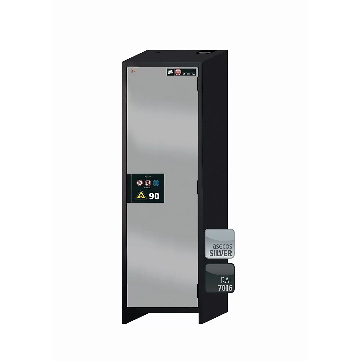 Sicherheitsschrank Typ 90 asecos Q-PEGASUS-90, Flügeltür mit Schliess-Automatik, Anschlag rechts, Front asecos Silber, B 599 x T 615 x H 1953 mm