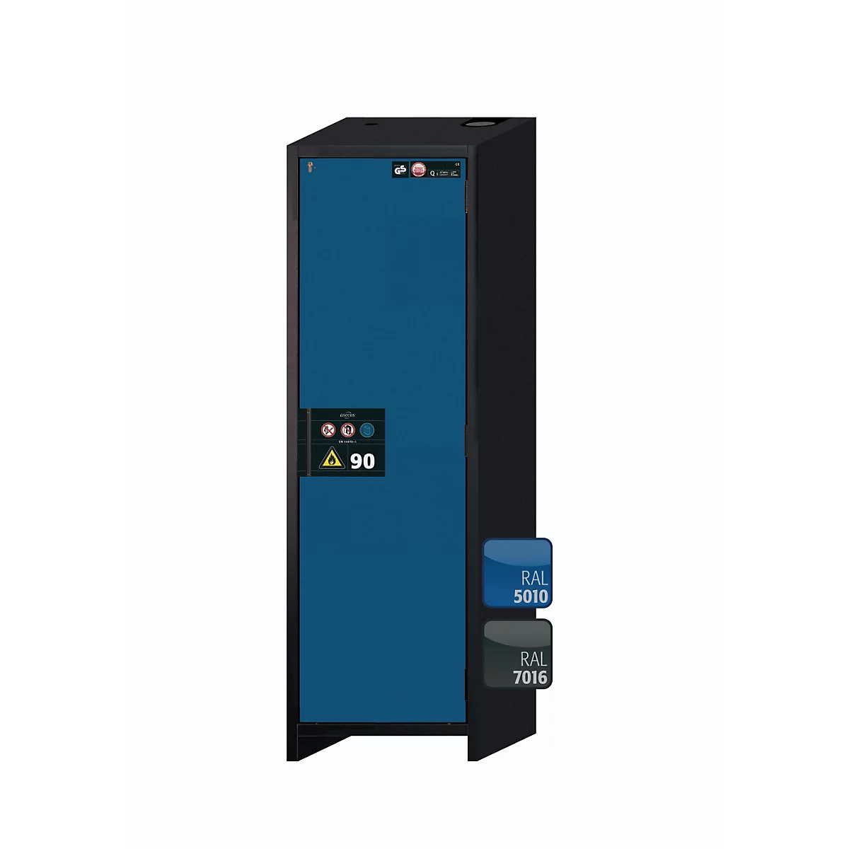 Sicherheitsschrank Typ 90 asecos Q-PEGASUS-90, Flügeltür mit Schliess-Automatik, Anschlag rechts, Front Enzianblau, B 599 x T 615 x H 1953 mm