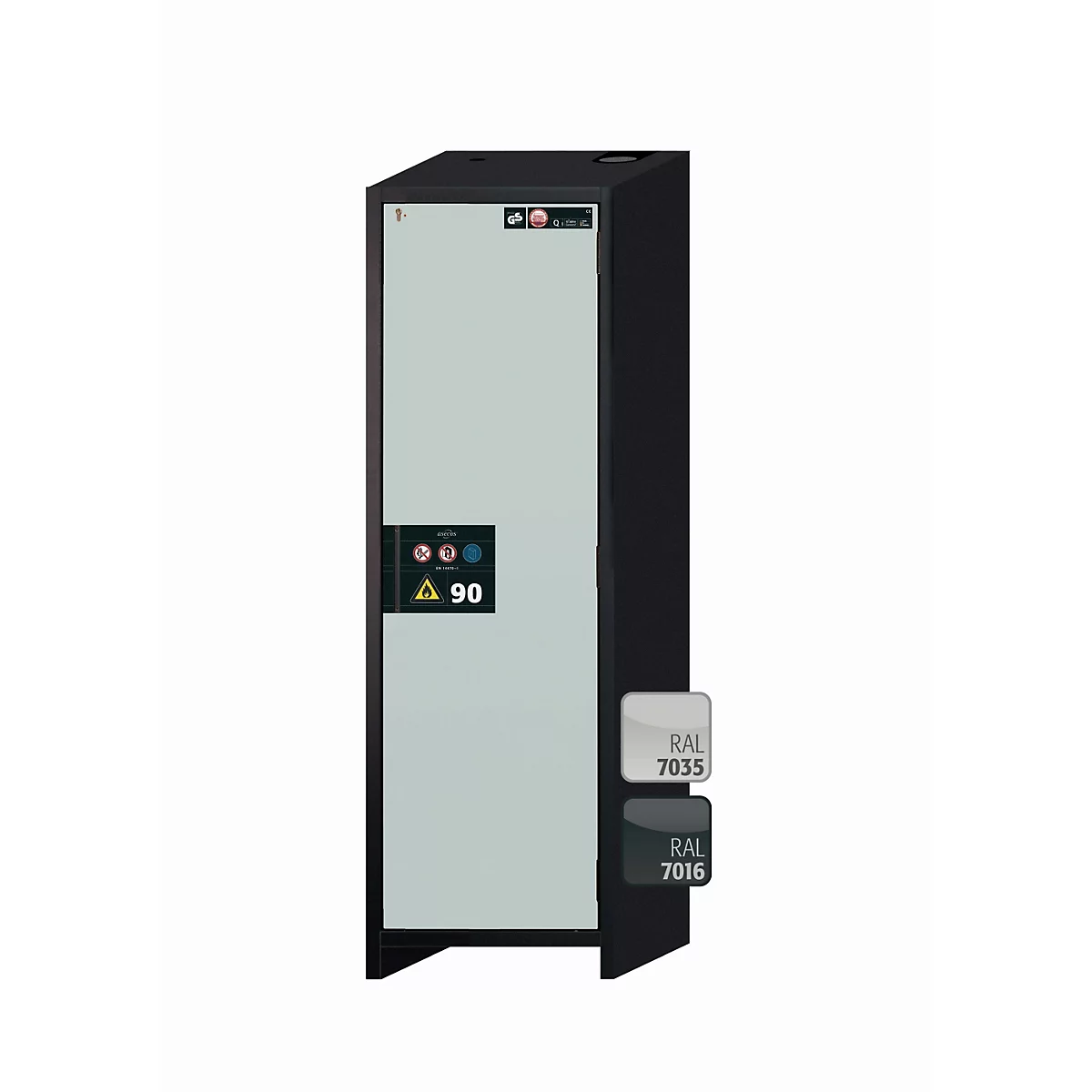 Sicherheitsschrank Typ 90 asecos Q-PEGASUS-90, Flügeltür mit Schliess-Automatik, Anschlag rechts, Front Lichtgrau, B 599 x T 615 x H 1953 mm