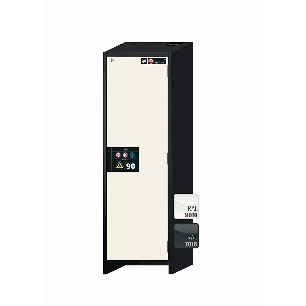 Sicherheitsschrank Typ 90 asecos Q-PEGASUS-90, Flügeltür mit Schliess-Automatik, Anschlag rechts, Front Reinweiss, B 599 x T 615 x H 1953 mm