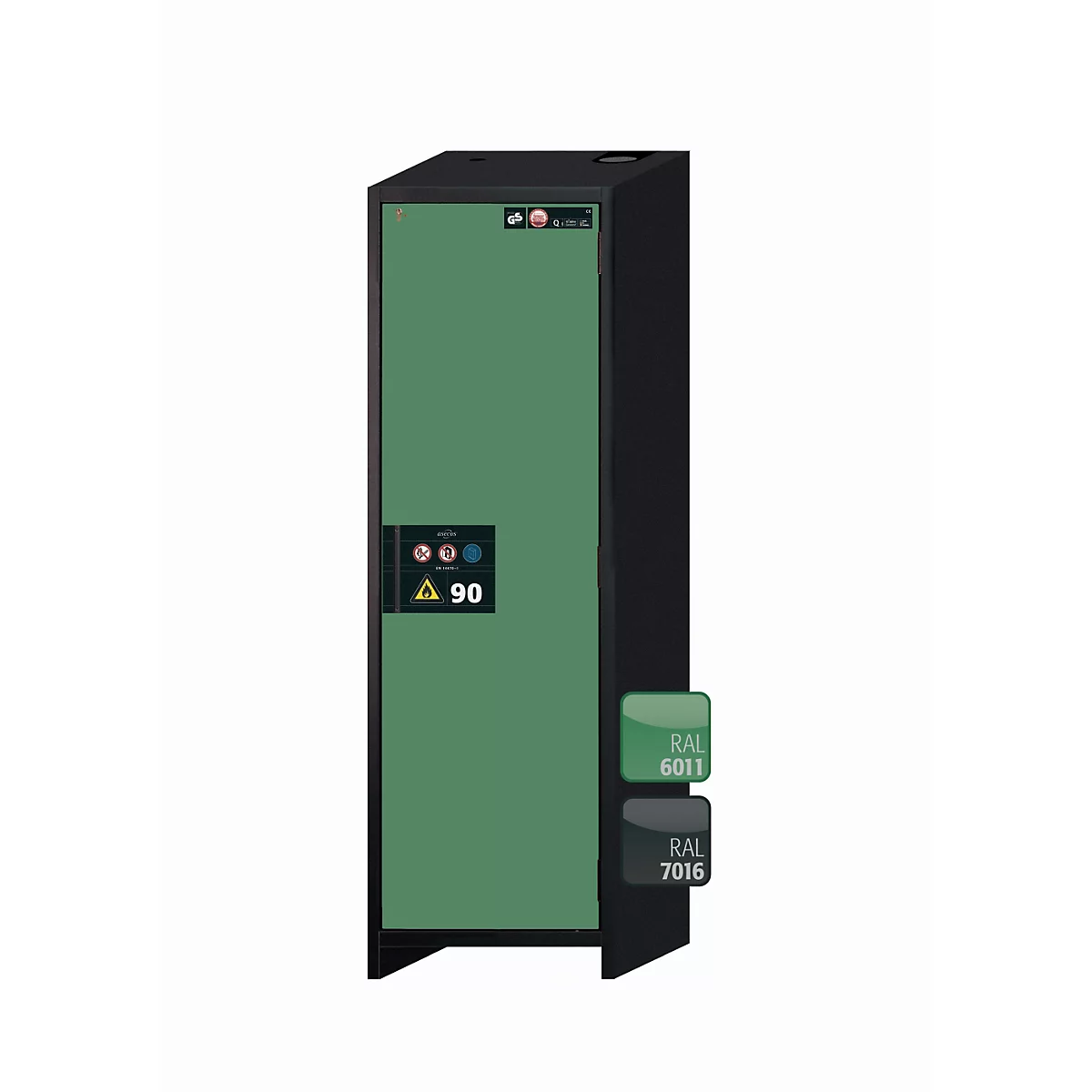 Sicherheitsschrank Typ 90 asecos Q-PEGASUS-90, Flügeltür mit Schliess-Automatik, Anschlag rechts, Front Resedagrün, B 599 x T 615 x H 1953 mm