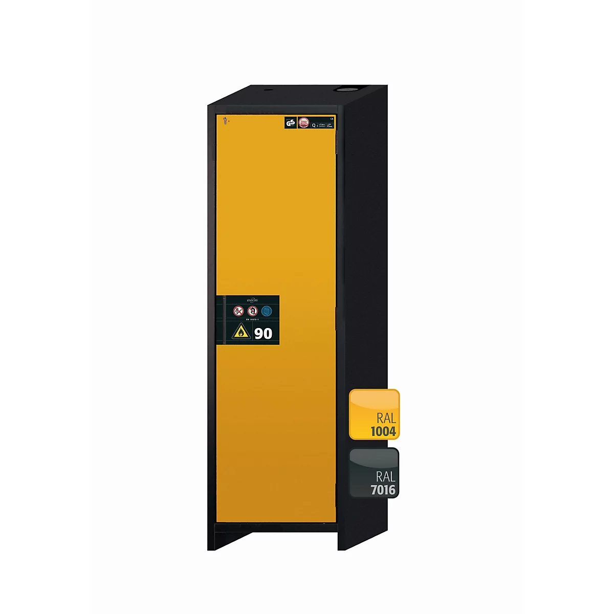Sicherheitsschrank Typ 90 asecos Q-PEGASUS-90, Flügeltür mit Schliess-Automatik, Anschlag rechts, Front Sicherheitsgelb, B 599 x T 615 x H 1953 mm