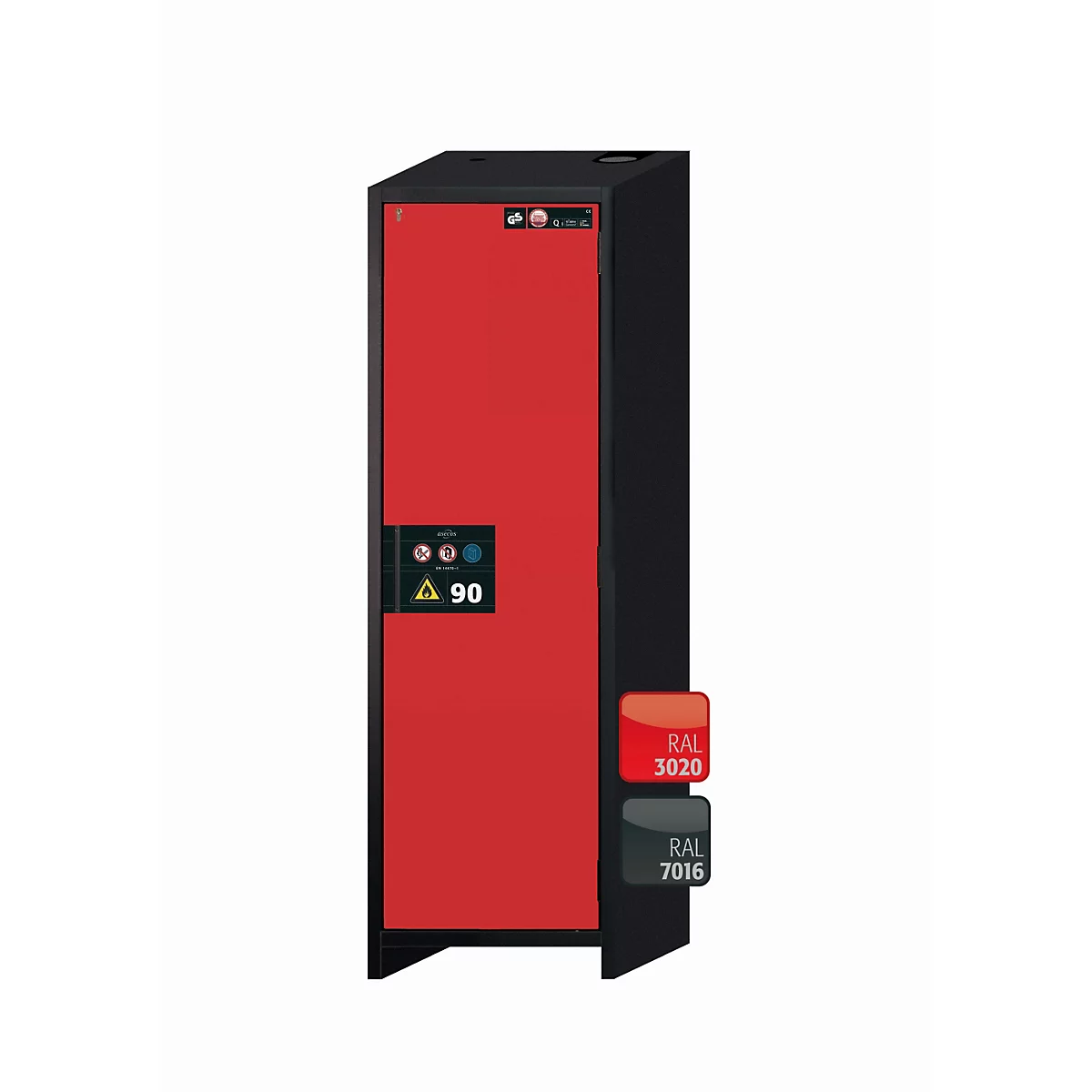 Sicherheitsschrank Typ 90 asecos Q-PEGASUS-90, Flügeltür mit Schliess-Automatik, Anschlag rechts, Front Verkehrsrot, B 599 x T 615 x H 1953 mm