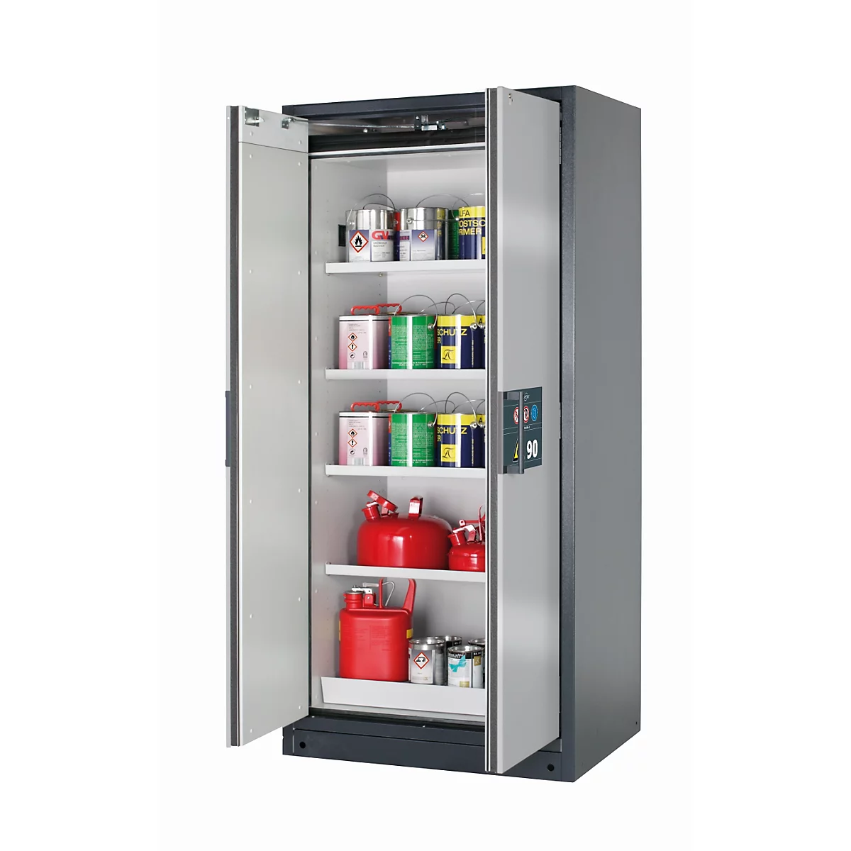 Sicherheitsschrank Typ 90 asecos Q-PEGASUS-90, Flügeltüren mit Schließ-Automatik, Einhandbedienung, Front asecos Silber, B 893 x T 615 x H 1953 mm