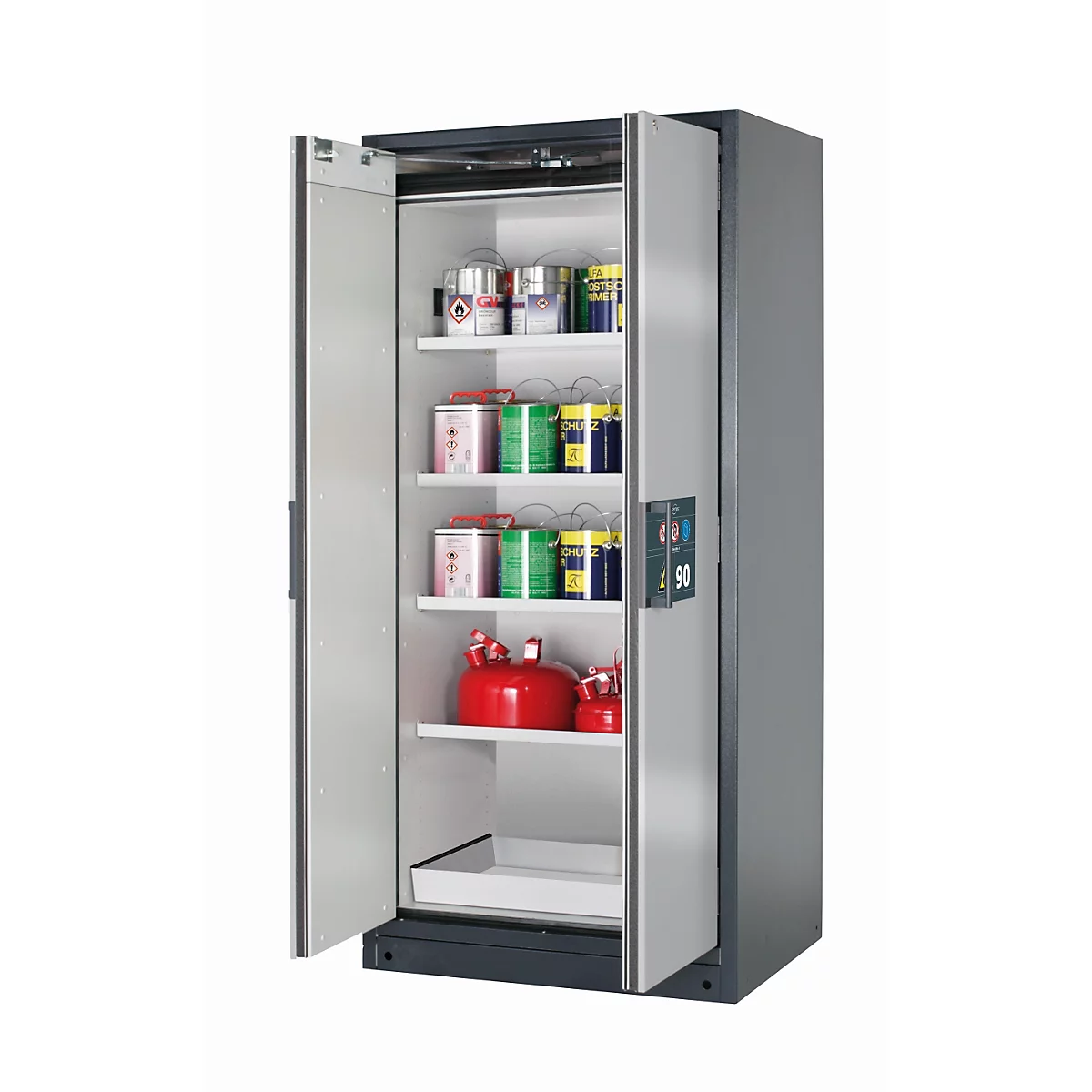 Sicherheitsschrank Typ 90 asecos Q-PEGASUS-90, Flügeltüren mit Schließ-Automatik, Einhandbedienung, Front asecos Silber, B 893 x T 615 x H 1953 mm