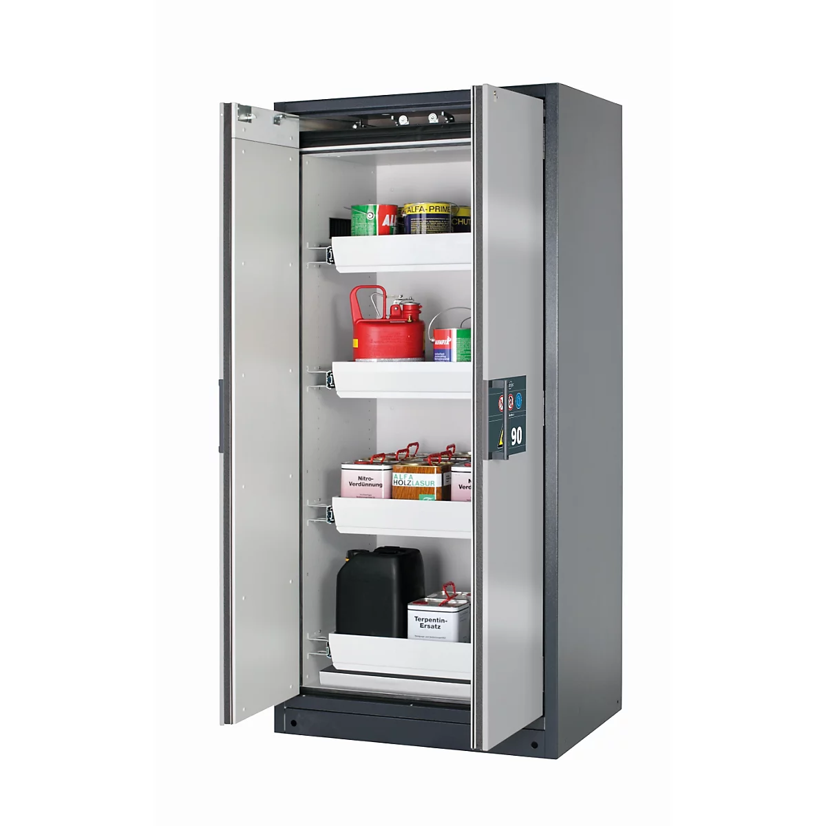 Sicherheitsschrank Typ 90 asecos Q-PEGASUS-90, Flügeltüren mit Schließ-Automatik, Einhandbedienung, Front asecos Silber, B 893 x T 615 x H 1953 mm