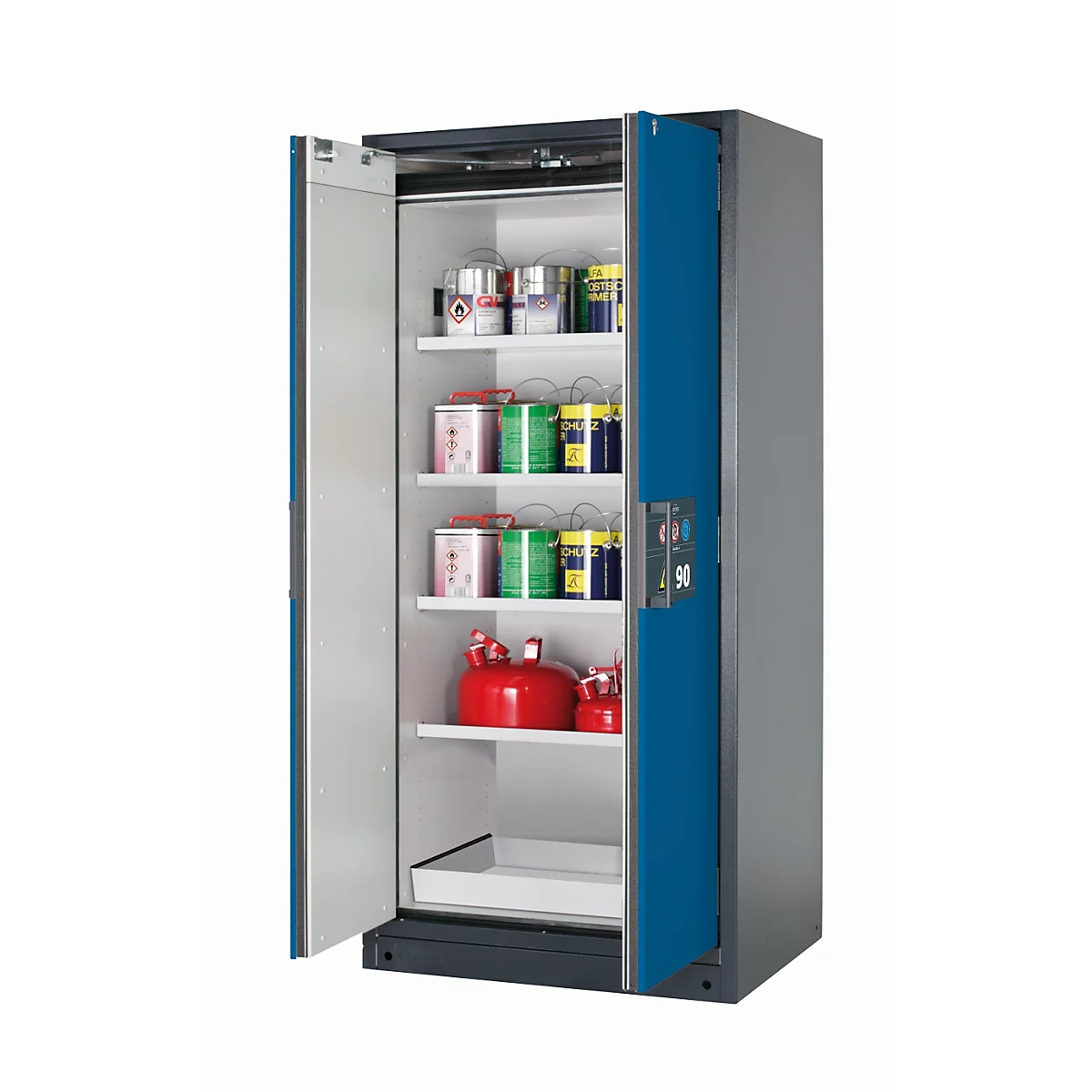 Sicherheitsschrank Typ 90 asecos Q-PEGASUS-90, Flügeltüren mit Schließ-Automatik, Einhandbedienung, Front Enzianblau, B 893 x T 615 x H 1953 mm