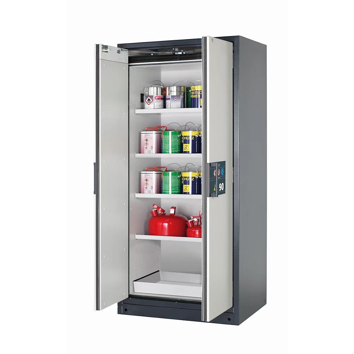 Sicherheitsschrank Typ 90 asecos Q-PEGASUS-90, Flügeltüren mit Schließ-Automatik, Einhandbedienung, Front Lichtgrau, B 893 x T 615 x H 1953 mm