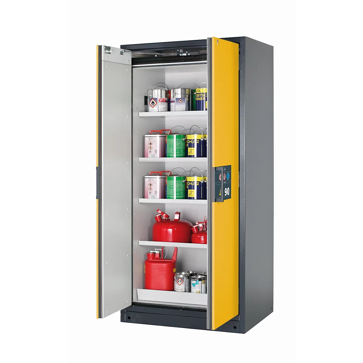 Sicherheitsschrank Typ 90 asecos Q-PEGASUS-90, Flügeltüren mit Schließ-Automatik, Einhandbedienung, Front Sicherheitsgelb, B 893 x T 615 x H 1953 mm