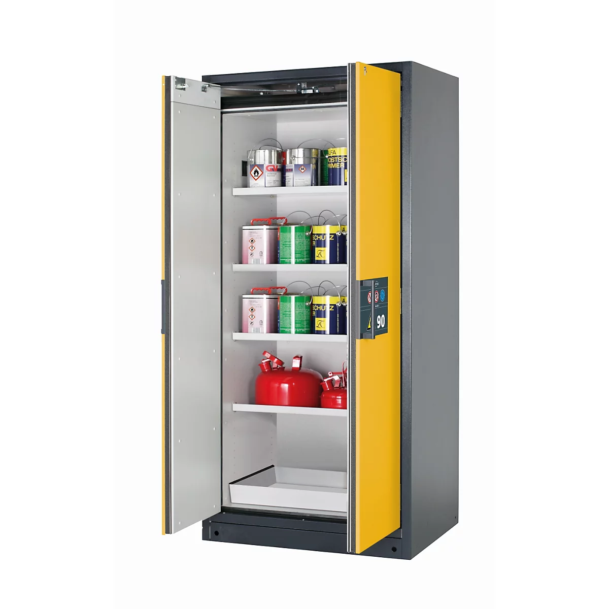 Sicherheitsschrank Typ 90 asecos Q-PEGASUS-90, Flügeltüren mit Schließ-Automatik, Einhandbedienung, Front Sicherheitsgelb, B 893 x T 615 x H 1953 mm