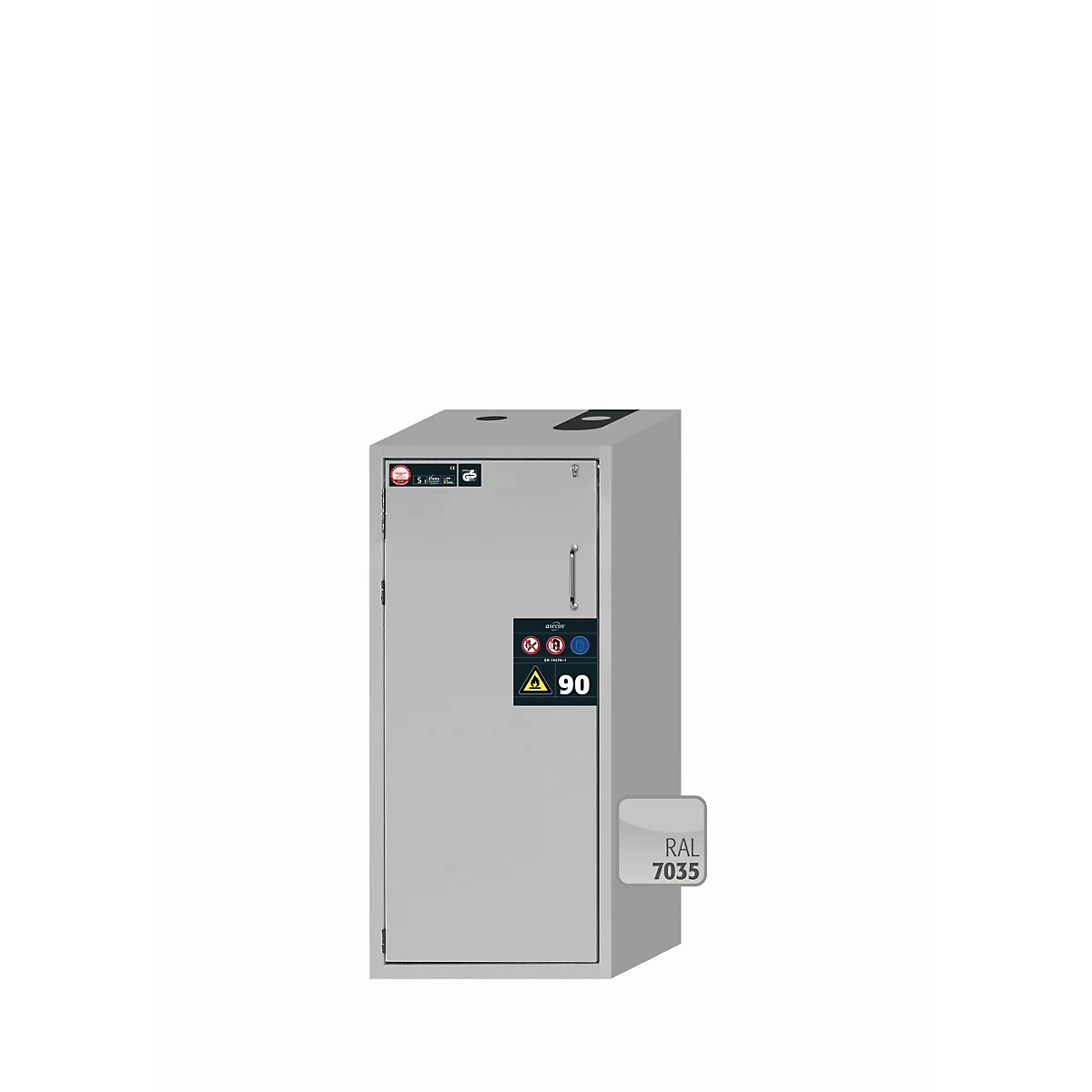 Sicherheitsschrank Typ 90 asecos S-CLASSIC-90, Flügeltür mit Türfeststellanlage, Anschlag links, Front Lichtgrau, B 596 x T 616 x H 1298 mm