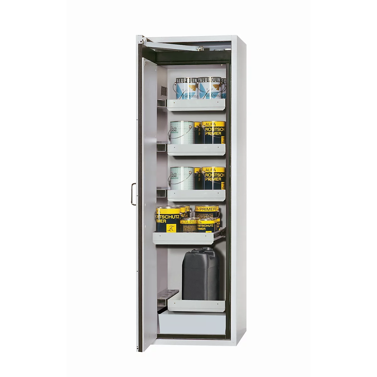 Sicherheitsschrank Typ 90 asecos S-CLASSIC-90, Flügeltür mit Türfeststellanlage, Anschlag links, Front Lichtgrau, B 596 x T 616 x H 1968 mm