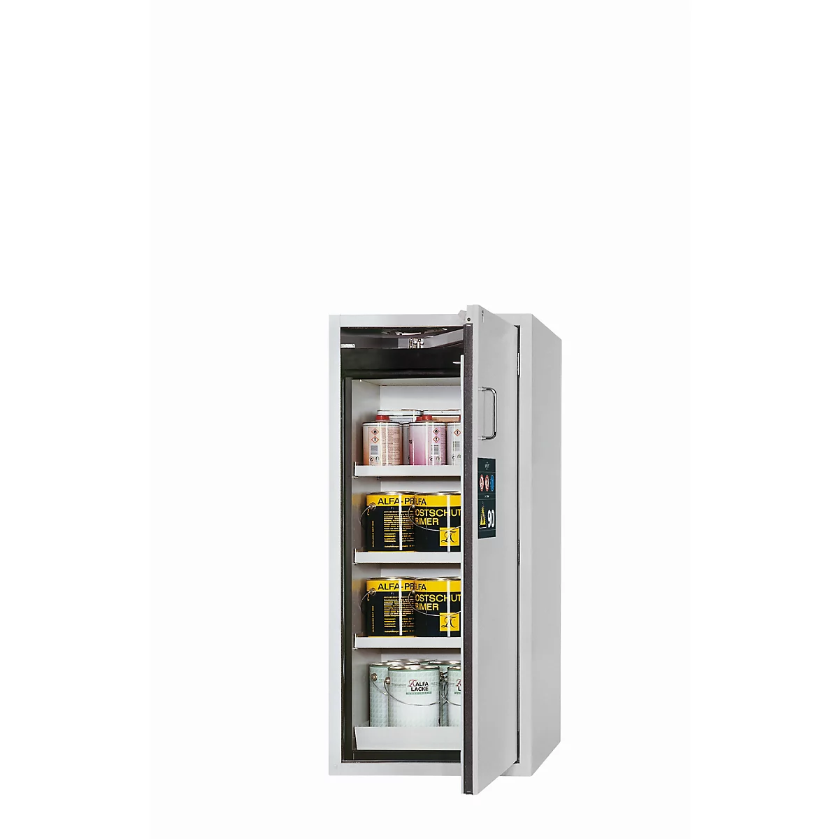 Sicherheitsschrank Typ 90 asecos S-CLASSIC-90, Flügeltür mit Türfeststellanlage, Anschlag rechts, Front Lichtgrau, B 596 x T 616 x H 1298 mm