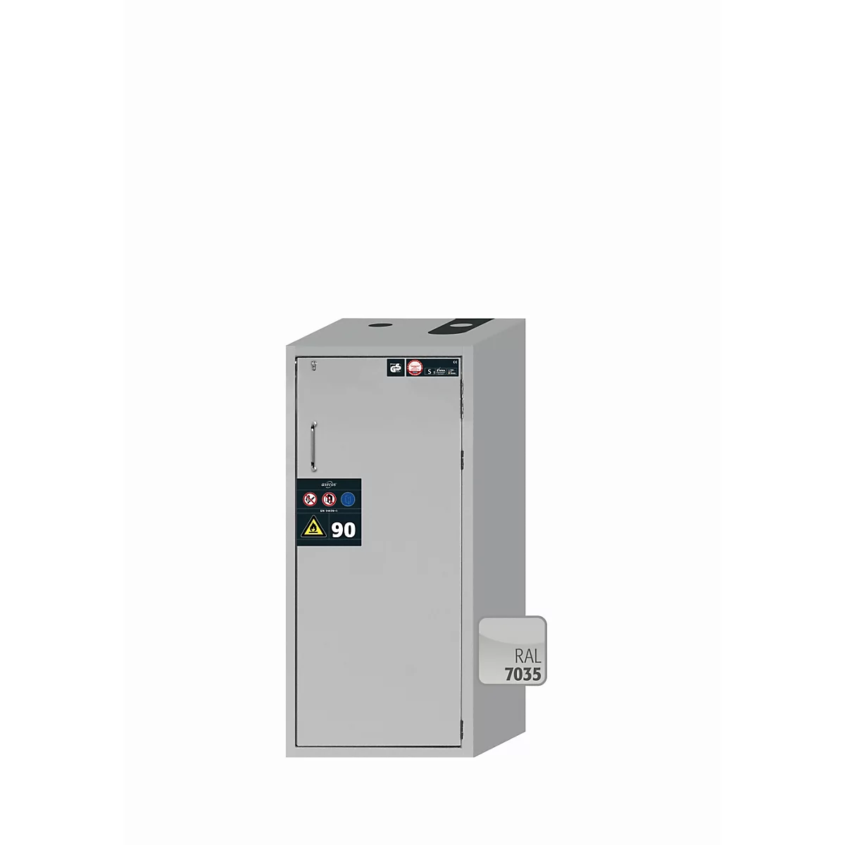 Sicherheitsschrank Typ 90 asecos S-CLASSIC-90, Flügeltür mit Türfeststellanlage, Anschlag rechts, Front Lichtgrau, B 596 x T 616 x H 1298 mm