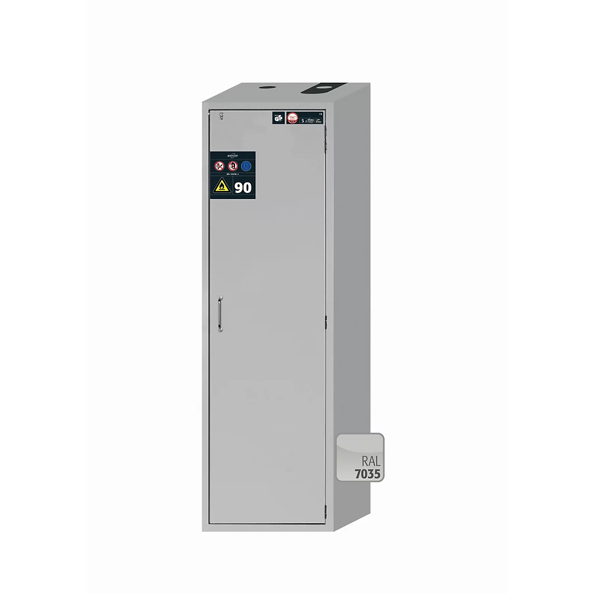 Sicherheitsschrank Typ 90 asecos S-CLASSIC-90, Flügeltür mit Türfeststellanlage, Anschlag rechts, Front Lichtgrau, B 596 x T 616 x H 1968 mm