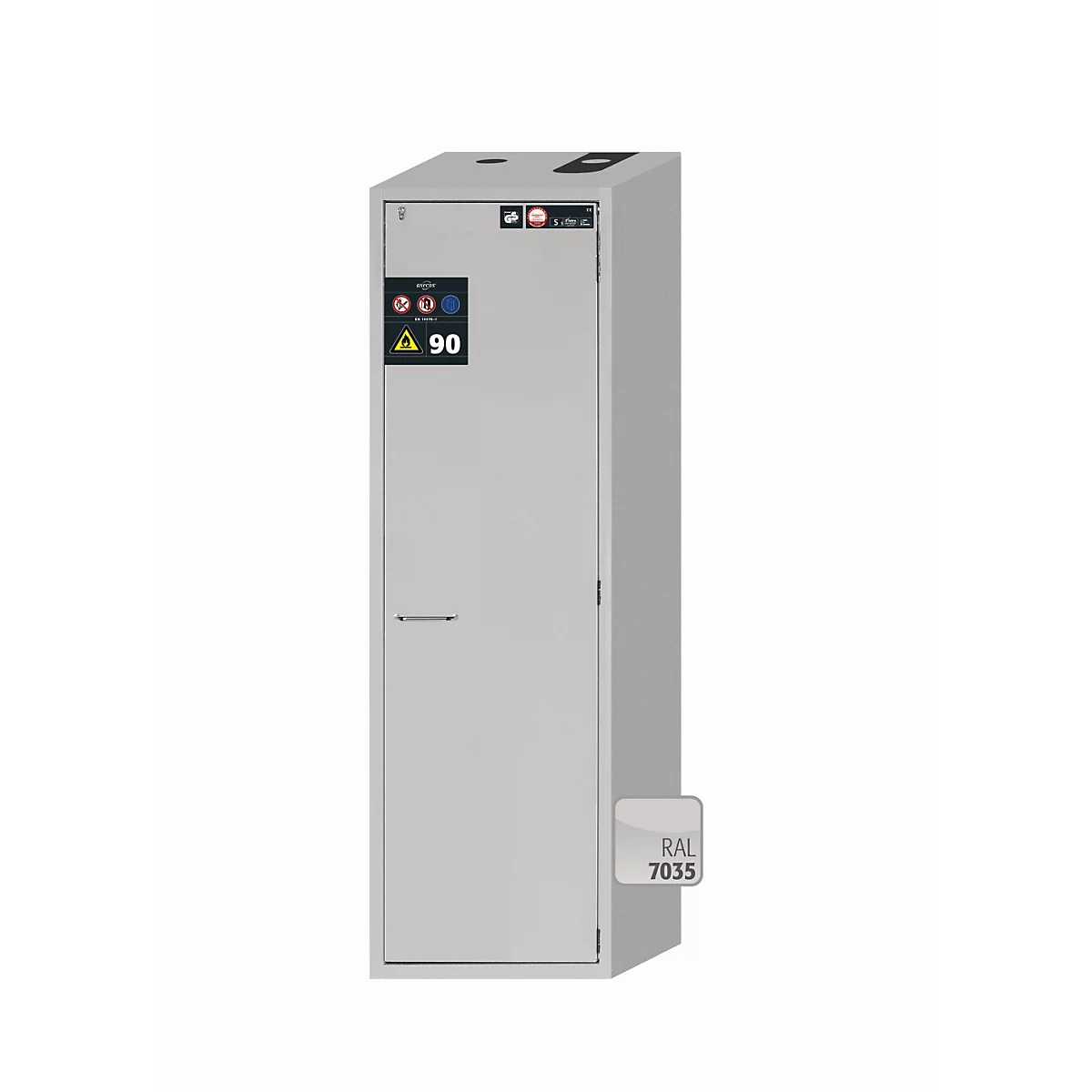 Sicherheitsschrank Typ 90 asecos S-CLASSIC-90, Flügeltür mit Türfeststellanlage, Anschlag rechts, Front Lichtgrau, B 596 x T 616 x H 1968 mm