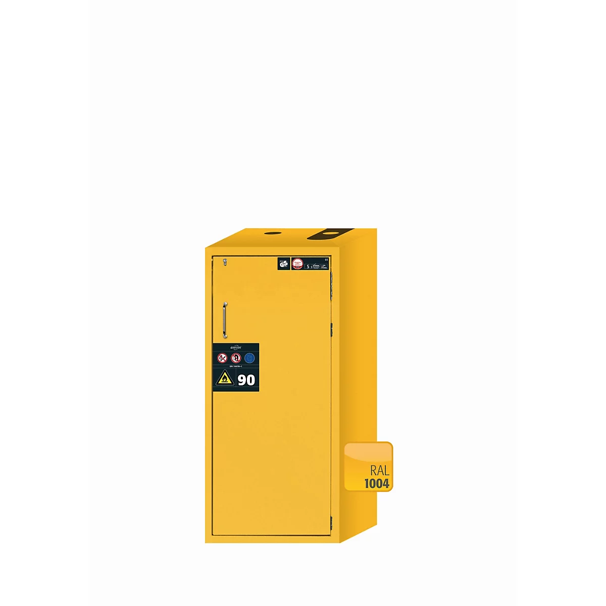 Sicherheitsschrank Typ 90 asecos S-CLASSIC-90, Flügeltür mit Türfeststellanlage, Anschlag rechts, Front Sicherheitsgelb, B 596 x T 616 x H 1298 mm