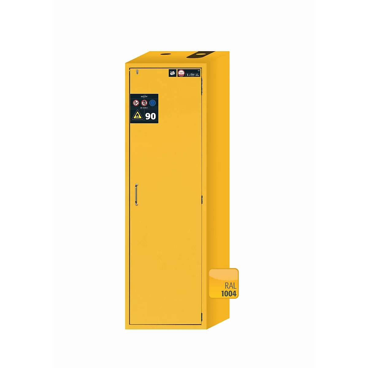 Sicherheitsschrank Typ 90 asecos S-CLASSIC-90, Flügeltür mit Türfeststellanlage, Anschlag rechts, Front Sicherheitsgelb, B 596 x T 616 x H 1968 mm