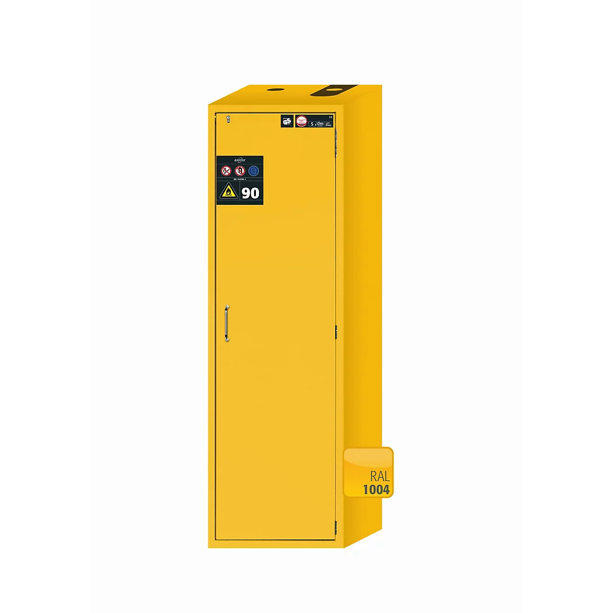 Sicherheitsschrank Typ 90 asecos S-CLASSIC-90, Flügeltür mit Türfeststellanlage, Anschlag rechts, Front Sicherheitsgelb, B 596 x T 616 x H 1968 mm