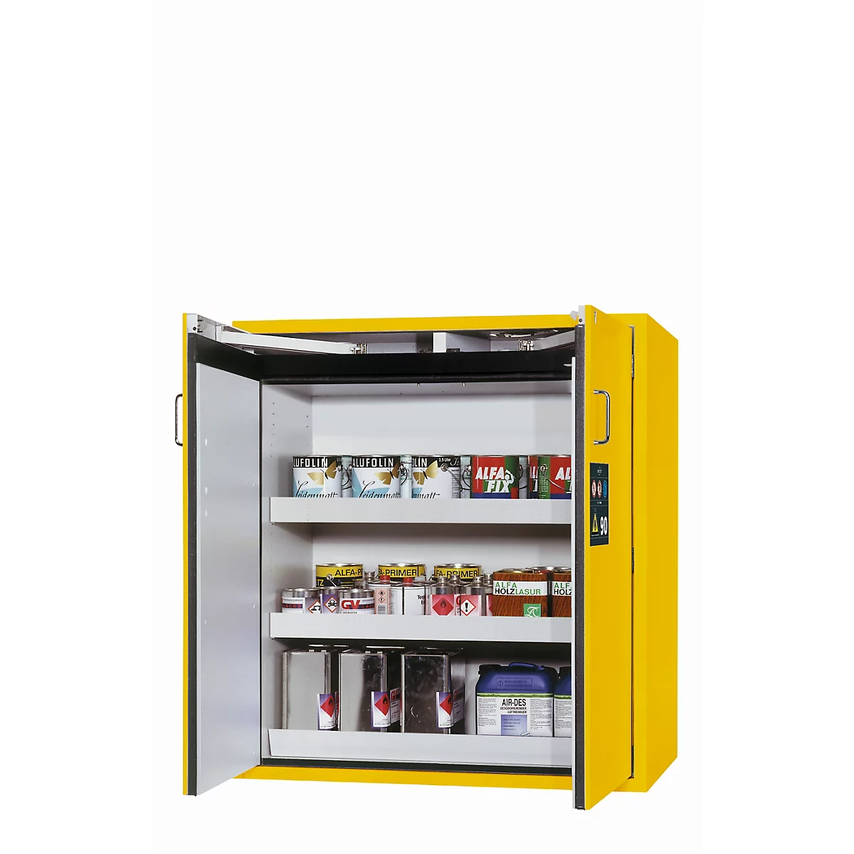 Sicherheitsschrank Typ 90 asecos S-CLASSIC-90, Flügeltüren, Front Sicherheitsgelb, B 1196 x T 616 x H 1298 mm
