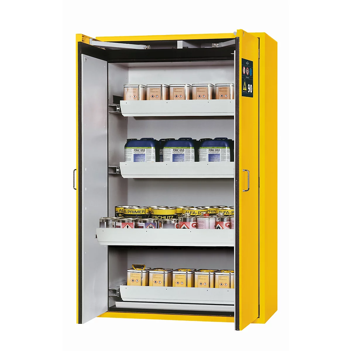 Sicherheitsschrank Typ 90 asecos S-CLASSIC-90, Flügeltüren mit Türfeststellanlage, Front Sicherheitsgelb, B 1196 x T 616 x H 1968 mm