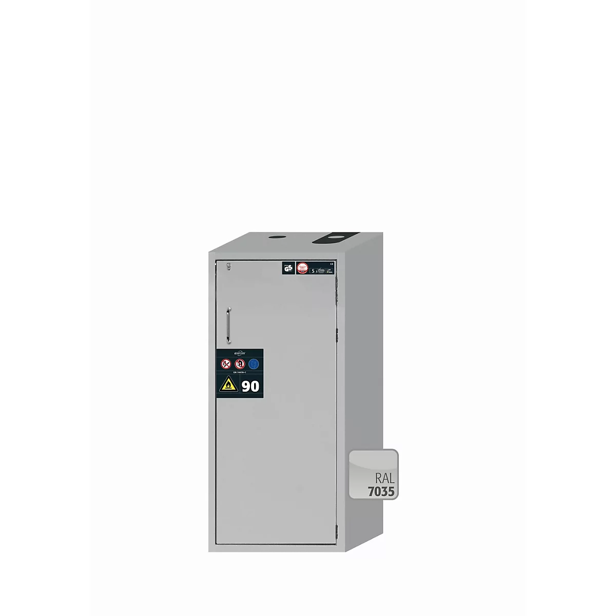Sicherheitsschrank Typ 90 asecos S-PEGASUS-90, Flügeltür mit Schließ-Automatik, Anschlag rechts, Front Lichtgrau, B 596 x T 616 x H 1298 mm