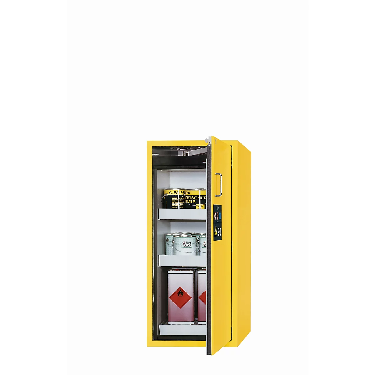 Sicherheitsschrank Typ 90 asecos S-PEGASUS-90, Flügeltür mit Schließ-Automatik, Anschlag rechts, Front Sicherheitsgelb, B 596 x T 616 x H 1298 mm