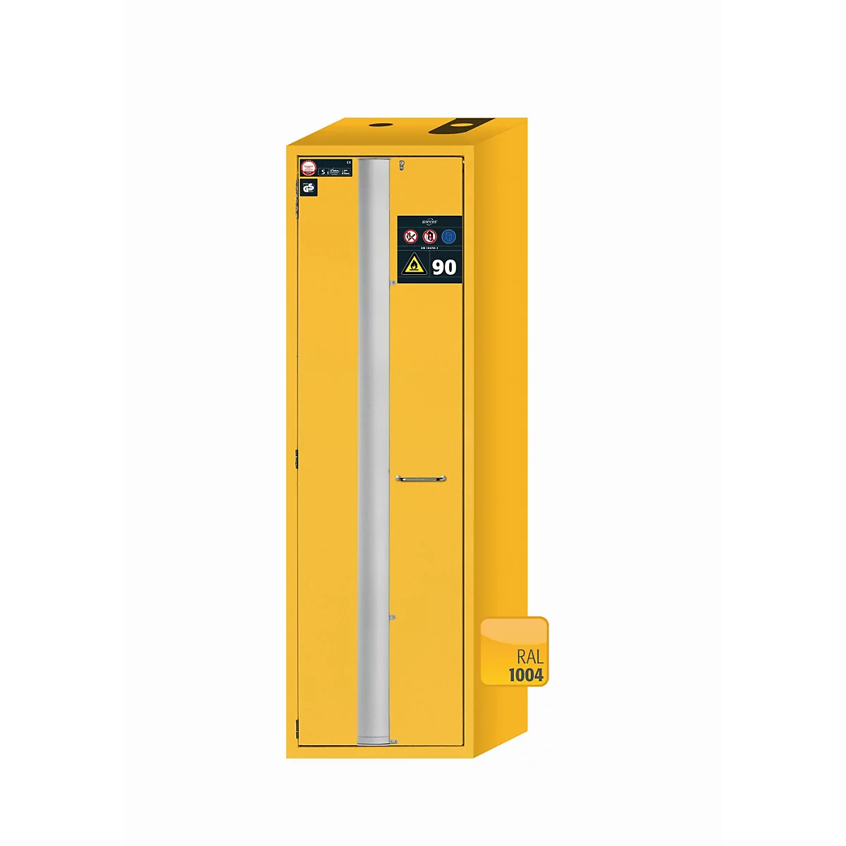 Sicherheitsschrank Typ 90 asecos S-PHOENIX-90, Falttür mit Türfeststellanlage, Anschlag links, Front Sicherheitsgelb, B 596 x T 616 x H 1968 mm