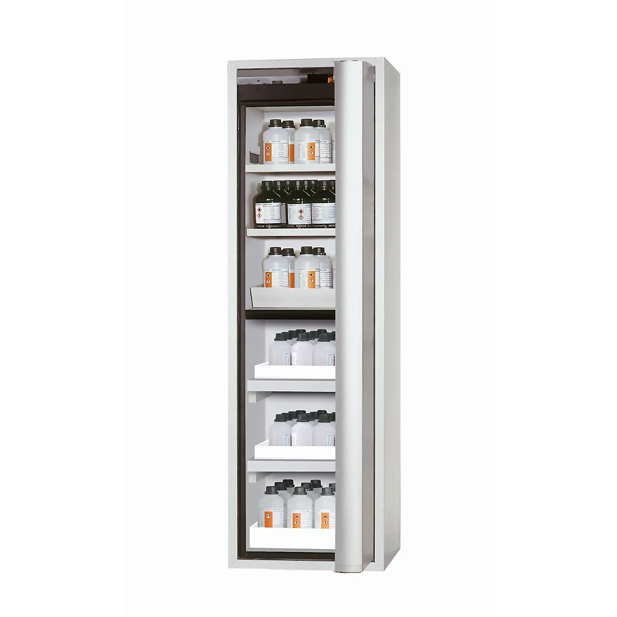 Sicherheitsschrank Typ 90 asecos S-PHOENIX-90, Falttür mit Türfeststellanlage, Anschlag rechts, Front Lichtgrau, B 596 x T 616 x H 1968 mm