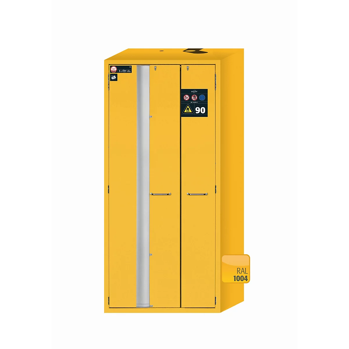 Sicherheitsschrank Typ 90 asecos S-PHOENIX-90, Flügel- und Falttüren mit Türfeststellanlage, Front Sicherheitsgelb, B 896 x T 616 x H 1968 mm