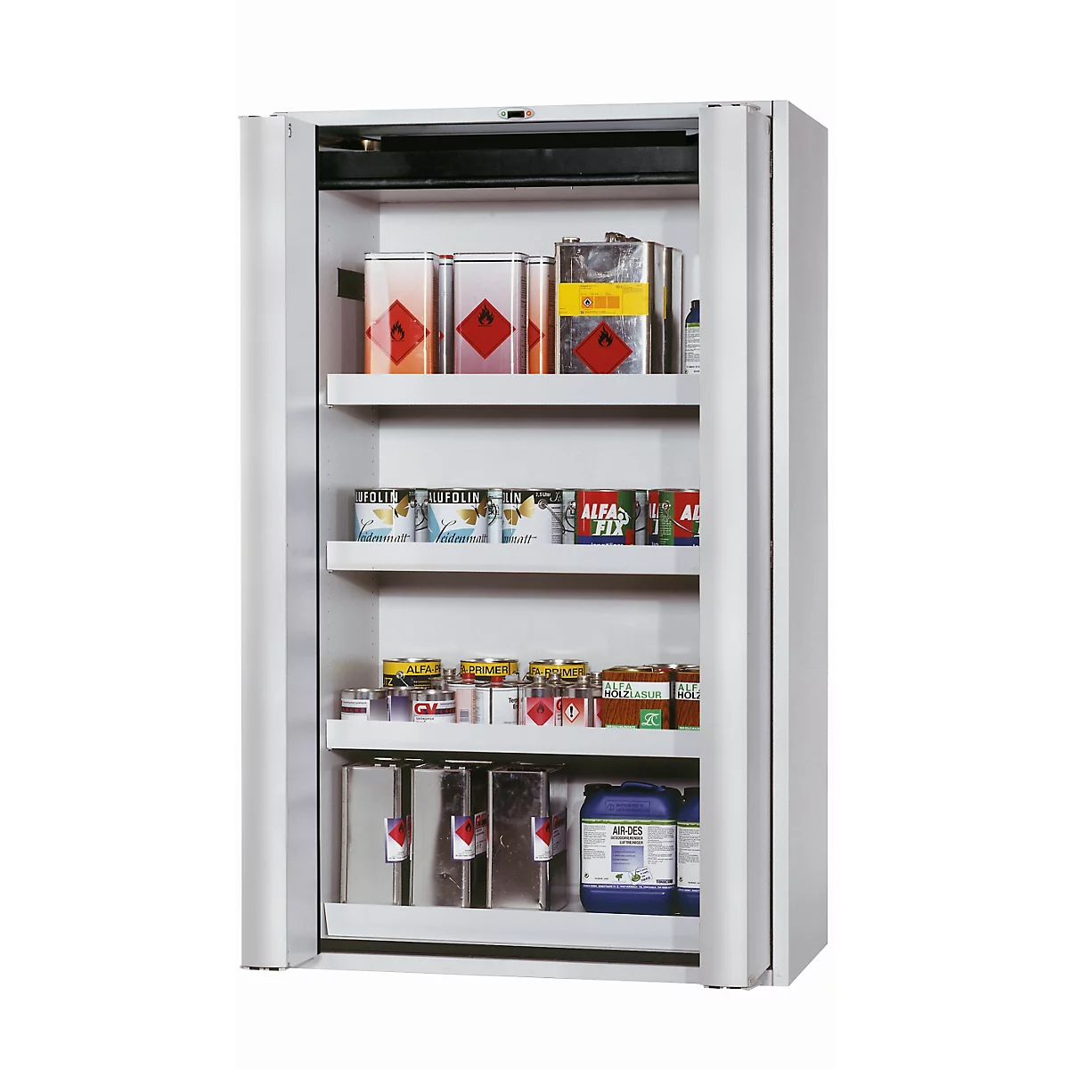 Sicherheitsschrank Typ 90 asecos S-PHOENIX touchless-90, vollautomatische Falttüren mit Sensor, Front Lichtgrau, B 1196 x T 616 x H 1968 mm
