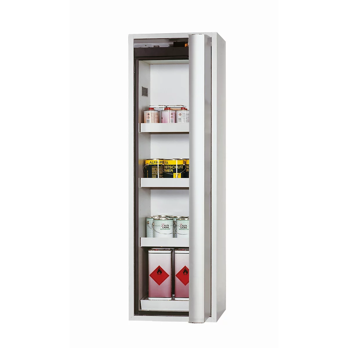 Sicherheitsschrank Typ 90 asecos S-PHOENIX Vol.2-90, Falttür mit Schließ-Automatik, Anschlag rechts, Front Lichtgrau, B 596 x T 616 x H 1968 mm