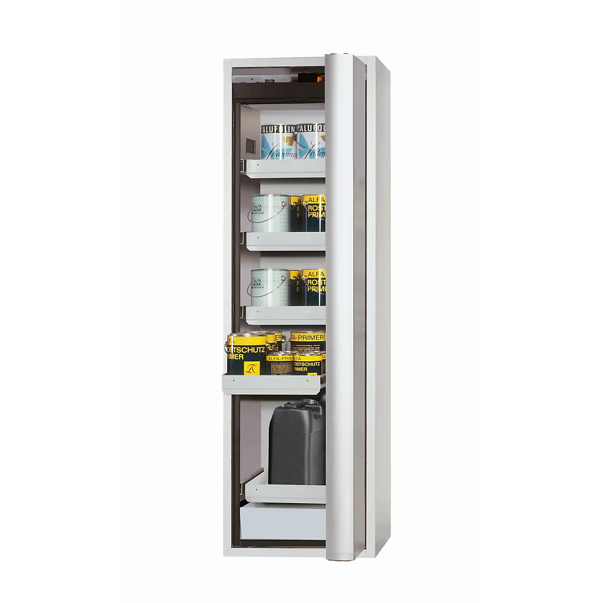 Sicherheitsschrank Typ 90 asecos S-PHOENIX Vol.2-90, Falttür mit Schließ-Automatik, Anschlag rechts, Front Lichtgrau, B 596 x T 616 x H 1968 mm