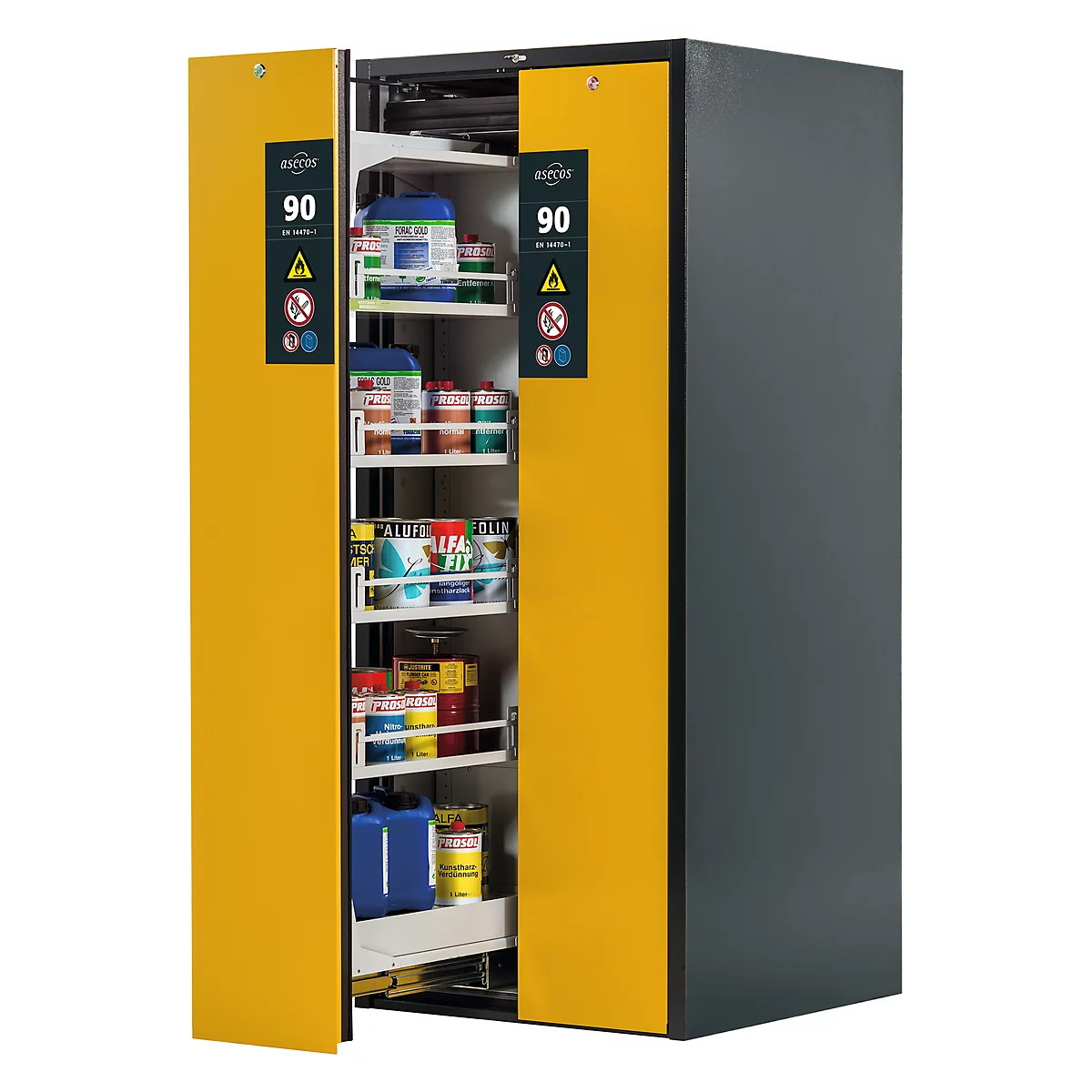 Sicherheitsschrank Typ 90 Asecos V-MOVE-90, 2 Vertikalauszüge, Anthrazitgrau/Goldgelb